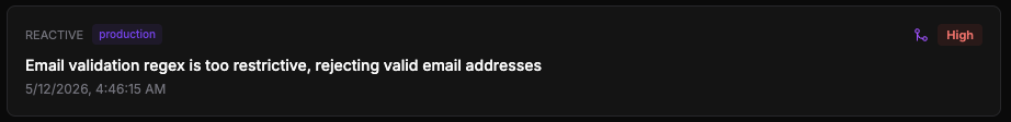 Auralog alert card showing a reactive, high-severity issue: "Email validation regex is too restrictive, rejecting valid email addresses"