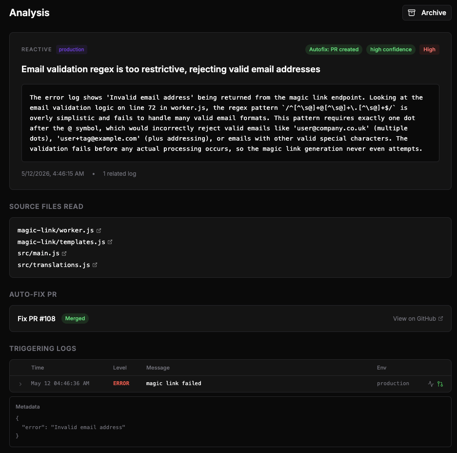 Auralog analysis view showing the magic-link error, the AI's reasoning, and the linked autofix PR
