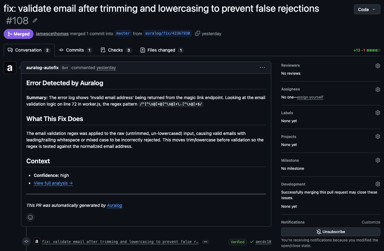 Merged GitHub PR titled "fix: validate email after trimming and lowercasing to prevent false rejections", +13/-1, with an Auralog-generated description